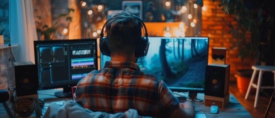 Poster - he edits and cuts footage and sound on his personal computer, puts on his monitors and headphones. h