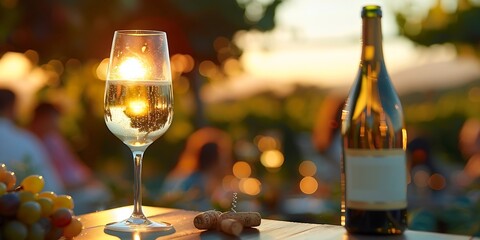 Poster - Generative AI : image of summer garden with tabel on which there is a glass with white wine and open bottle