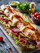A classic Italian-style hoagie overflowing with an assortment of savory cured meats, melted cheese, and fresh vegetables, creating a delicious and substantial hand-held meal.