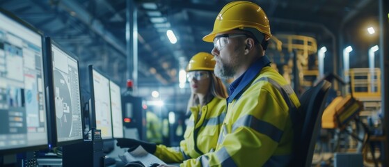 Poster - In a heavy industry manufacturing facility, a male industrial engineer works on his personal computer whilst a female manager discusses the project.