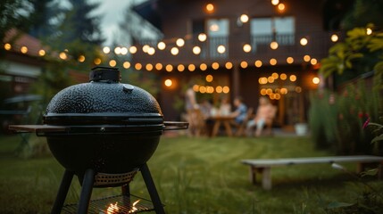 charming summer barbecue evening with six friends enjoying dinner under warm string lights in cozy b