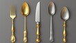 This is a realistic modern illustration of a 3D cutlery set consisting of golden and silver color knives, forks, and spoons. It displays luxury metal tableware with gold and silver color sharp edges,