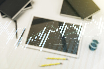 Poster - Double exposure of abstract creative financial diagram and modern digital tablet on background, banking and accounting concept
