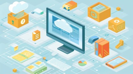 Poster - monitor, virtual cloud, documents with information, isometric modern icons