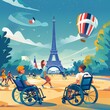 Paralympic games in France 2024 wallpaper design, men on wheelchairs  look at Eiffel Tower . AI generation