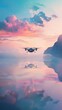 Illustrate a whimsical watercolor interpretation of a futuristic rear view helicopter soaring over a tranquil ocean at dawn, featuring soft, pastel hues and dreamlike textures to evoke a sense of wond