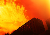 Fototapeta Nowy Jork - Burning sunset at city shantytown area illustration