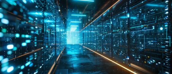 Poster - Script Codes and Numbers Visualization Projection in a Working Data Center Corridor with Rack Servers and Supercomputers.