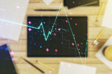 Poster - Creative abstract heart pulse hologram and modern digital tablet on desktop on background, top view, online medical consulting concept. Multiexposure