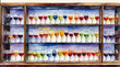 Various of colorful wine glasses on the shelf, watercolor painting style, generative AI.