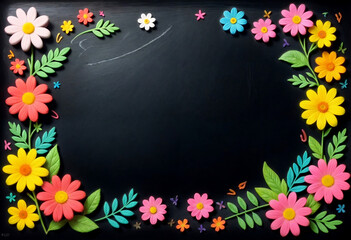 Happy chalk on blackboard with flowers teacher day abstract background banner created with generative ai.