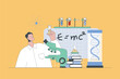 Science laboratory concept in modern flat design for web. Man making lab tests at flask and microscope, making professional expertise. Vector illustration for social media banner, marketing material.