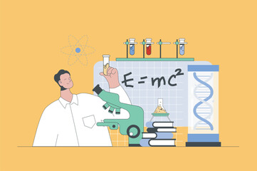 Aufkleber - Science laboratory concept in modern flat design for web. Man making lab tests at flask and microscope, making professional expertise. Vector illustration for social media banner, marketing material.