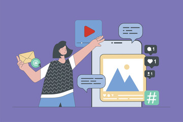 Aufkleber - Social media concept in modern flat design for web. Woman posting new photos in personal online profile, connecting with friends. Vector illustration for social media banner, marketing material.