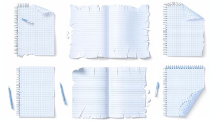 Poster - Paper pieces of empty notepads with torn edges. Notepad covers with ragged linings and checkered designs isolated on white background. Realistic 3d modern illustration, set.