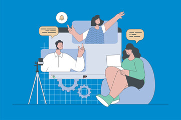 Aufkleber - Video communication concept in modern flat design for web. Woman connecting with friends and colleagues online, using zoom for meeting. Vector illustration for social media banner, marketing material.
