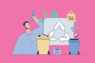 Leinwandbilder - Waste management concept in modern flat design for web. Man collecting and separating trash, recycle garbage, using glass and eco bag. Vector illustration for social media banner, marketing material.