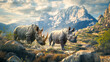 Two white rhinoceros and mother, in the nature. White Rhino (Ceratotherium simum)
