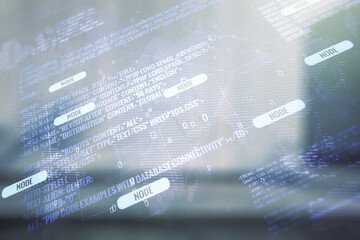 Aufkleber - Multi exposure of abstract graphic coding sketch and world map on blurry contemporary office building background, big data and networking concept