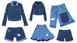 A set of woman casual clothes, including a denim jacket, mini skirt, pants, and embroidered patches. Modern cartoon of woman casual clothes, including jeans shirt and trousers isolated on white.
