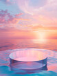 An awe-inspiring sunset over the tranquil ocean serves as a breathtaking and ethereal backdrop for a sleek, minimalist plinth, providing an elevated stage for showcasing products a serene setting.