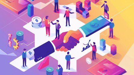 Poster - Concept of teamwork, cooperation and communication in businesses. Modern banner with people's handshakes, money, and graphs.