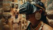An ancient Mayan woman wearing a traditional headdress and clothing uses a VR headset
