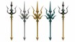 Trident made of gold, silver, bronze and devil pitchfork with emeralds isolated on white background. Modern realistic set of mythology weapons of Greek god Poseidon, Triton, or Neptune.