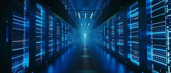 Poster - Panoramic shot of a working data center with rows of rack servers. Blue led lighting blinks and computers are on. Dark ambient lighting.
