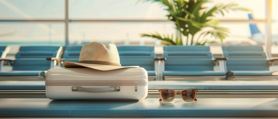 Wall Mural - An airport departure lounge with a white suitcase and sunglasses with a hat and sunglasses. Conceptual rendering of a travel concept in 3D.