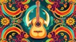 Modern retro design with acoustic guitar and peace symbol on an ornate psychedelic background. Rock-n-roll hippy musical disco party, pop concert, festival and live event.