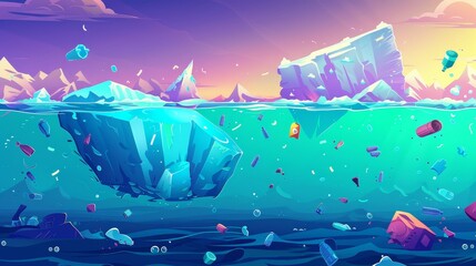 Wall Mural - Polluted Arctic trash cartoon banner. Polluted Arctic water with glaciers and different garbage or rubbish floating around. Save nature, Earth planet waste contamination modern illustration.