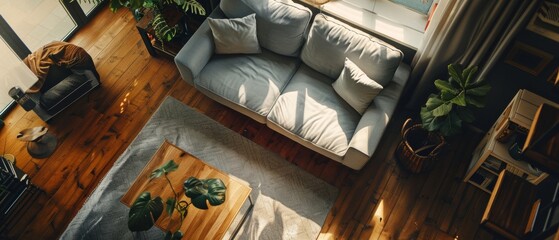 Top view of a cozy living room featuring a modern interior, a grey sofa, and wooden flooring lit by warm light from the window.