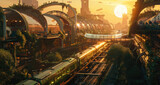 Fototapeta Pokój dzieciecy - Conceptual design of a solarpunk train station during golden hour, highlighting the integration of solar technology and natural elements in public transport hubs