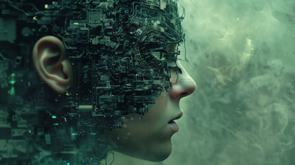 Wall Mural - Profile view of a humanoid cyborg head with intricate electronic circuitry, amidst a misty backdrop suggesting futuristic technology or intelligence.,combination of humans and technology
