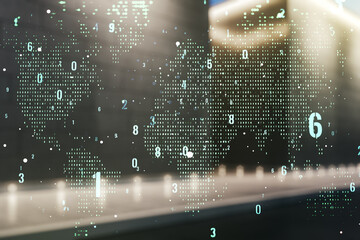 Aufkleber - Multi exposure of abstract programming language hologram and world map on contemporary business center exterior background, artificial intelligence and neural networks concept