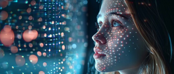 Poster - Female identifies herself by using biometric facial recognition in conjunction with her smartphone. Futuristic Concept: Projector illuminates face with dots and scans with laser to identify an