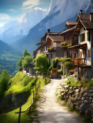 Wall Mural - Illustration of a quiet small village in the mountains, landscape view 