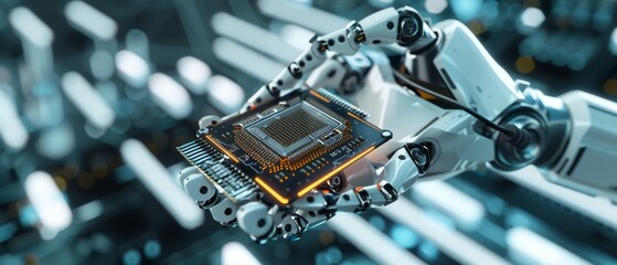 Poster - An industrial robot manipulator end effector holds a CPU chip with a modern high-tech robotic arm.