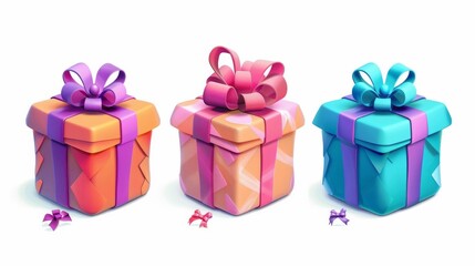 Wall Mural - Decorative 3D birthday presents in colorful wrapping paper and bows. Bonus, award, Christmas, Valentine, New Year celebration isolated objects, design elements.