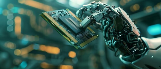 Poster - Industrial robotic manipulator end effector holding CPU chip attached to modern high-tech robot arm.