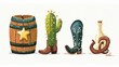 An American western cartoon set with cowboy boots, a sheriff's star badge, cactus, a bottle and a blank wanted poster.