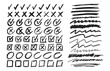 Manuscript Marks, Doodle Ticks, Crosses, Squares and Circles with Underlines. Monochrome Vector Signs Collection