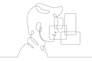 Poster - One continuous line.Augmented reality.Many screens in front of the user.Multiwindows of the virtual application.Virtual Reality.Continuous line drawing.Line Art isolated white background.