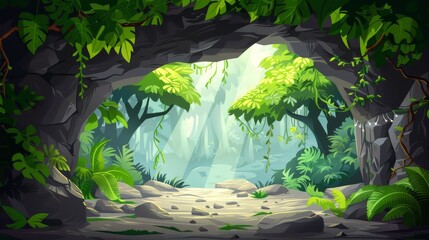 2D nature landscape with jungle cave entrance, green trees and lianas. Cartoon underground tunnel scenery view with separate layers for video game scene.