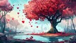 The fantasy tree has a heart-shaped crown and is set in a forest pond. The background is modern parallax for 2D games and animations with a cartoon landscape and a magical red mushroom.