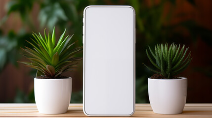 Smartphone mockup flanked by two white potted succulents. Phone on light wooden surface. Natural simplicity. Mobile template device advertising image. Tech concept cellphone mock up