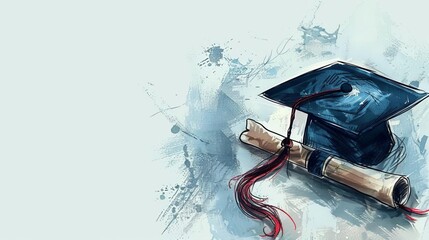 Wall Mural - graduation cap with tassel and diploma mortarboard and degree sketch illustration