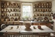 Time-worn rustic kitchen with array of pottery on shelves, sunlit window adding a serene ambience, concept of antique culinary charm and simplicity.