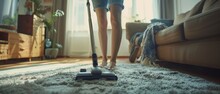 She Uses A Modern Cordless Vacuum Cleaner. She Is Happy And Cheerful As She Cleans A Carpet In A Bright Cozy Room At Home. She Wears A Jeans Shirt And Shorts.
